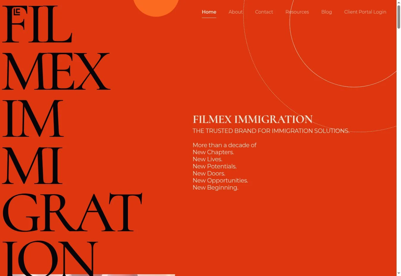 Filmex Immigration’s live homepage, with oversized black typography on a vivid orange background