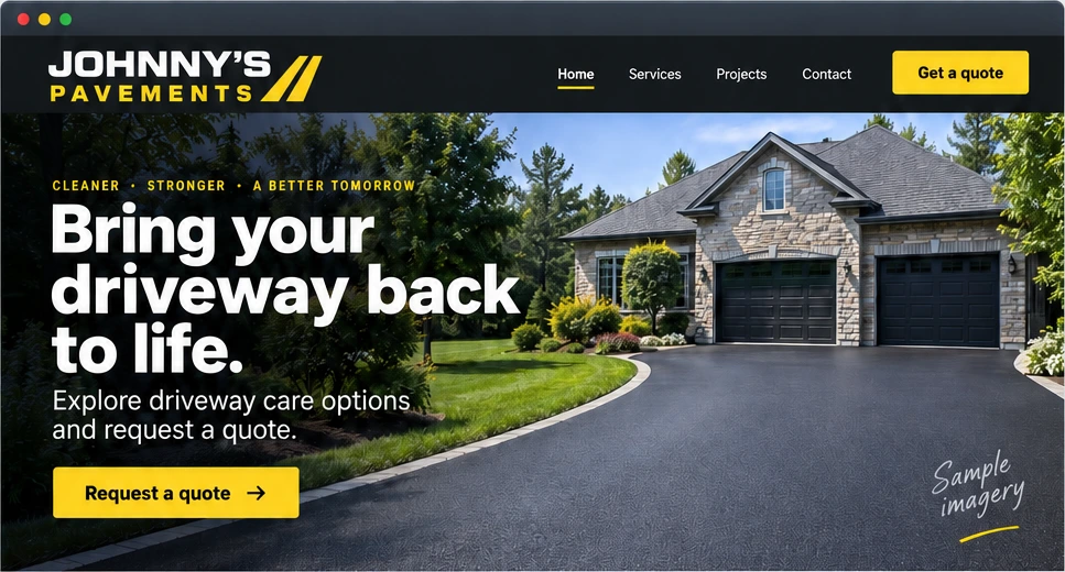 Early Johnny’s Pavements website concept in black and yellow, showing a driveway and a request-a-quote button